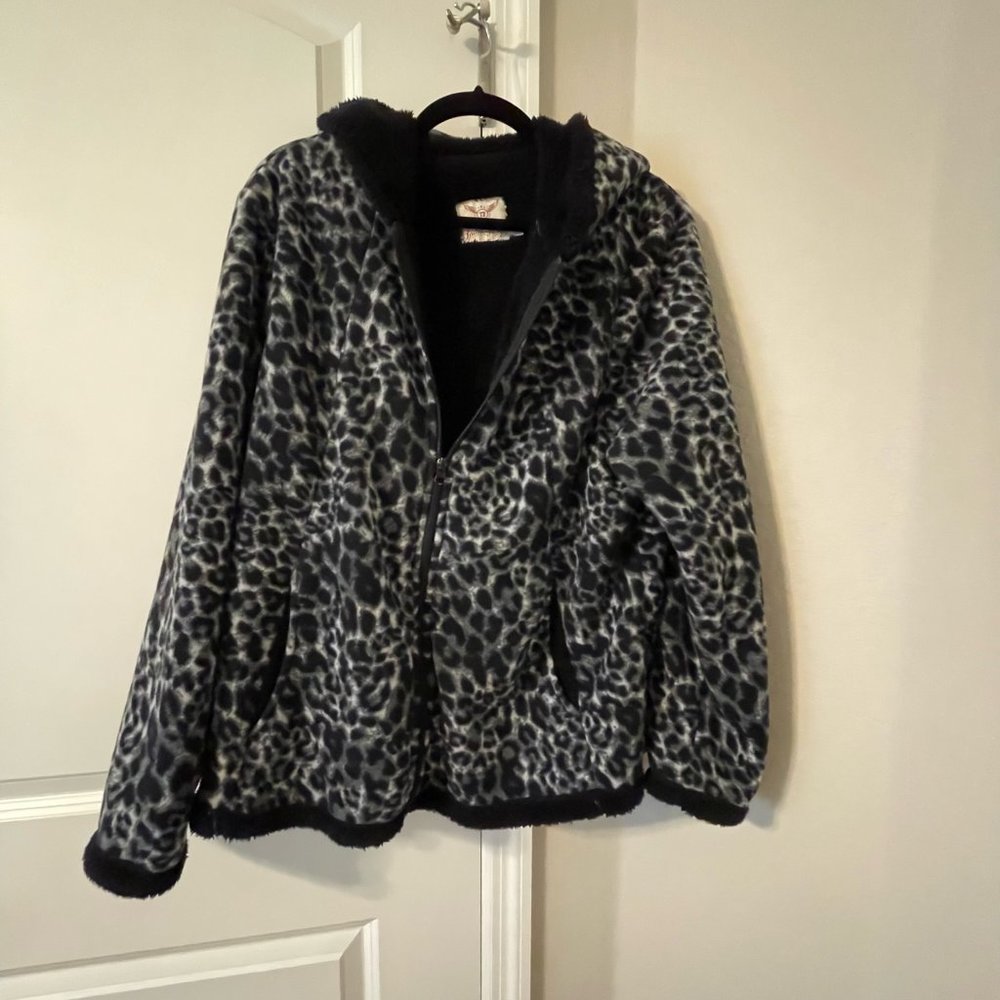 Faded Glory Jacket Full Zip Cheetah Print Fleece Lined Hooded Black Gray 2X